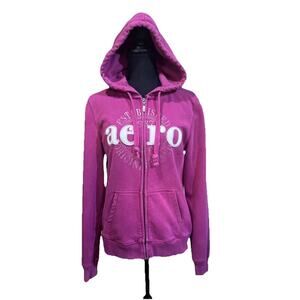 Aeropostale Y2K Puff Print Embroidered Spell Out Zip Up Hoodie Womens Sz L Pink